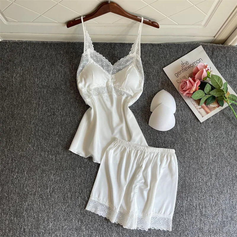 4PCS Women Pink Satin Pajamas Set Lace Sleep Suit Pijama Home Nightie Sexy V-Neck Sleepwear