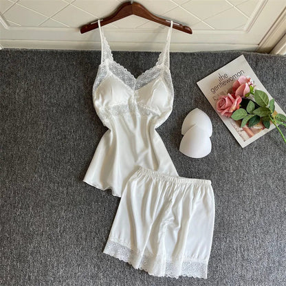 4PCS Women Pink Satin Pajamas Set Lace Sleep Suit Pijama Home Nightie Sexy V-Neck Sleepwear