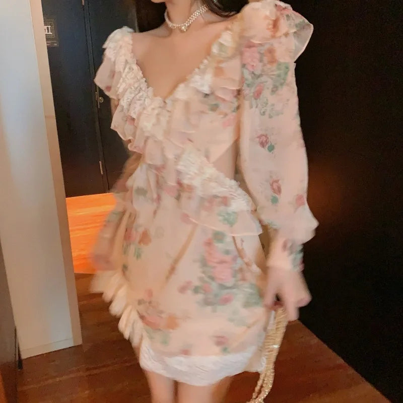Spring New Flower Dress for Women Fairy Lace Ruffled V-Neck Irregular Long Sleeved Sweet Vestidos Retro Backless Short Vestidos