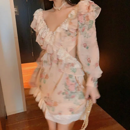 Spring New Flower Dress for Women Fairy Lace Ruffled V-Neck Irregular Long Sleeved Sweet Vestidos Retro Backless Short Vestidos
