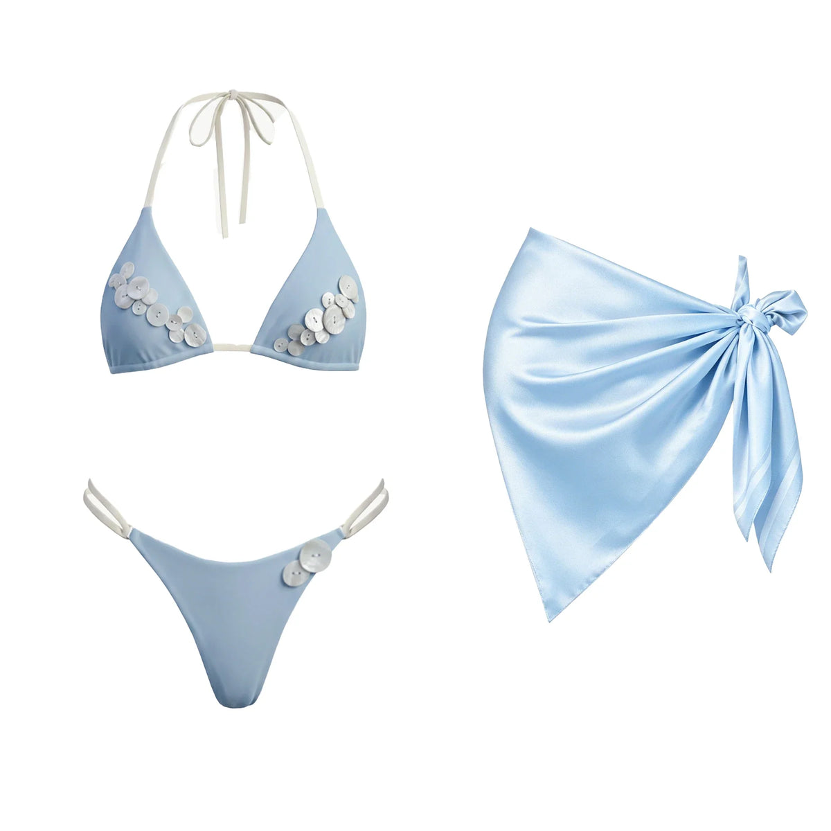 Sexy Button Bikini with Skirt Swimsuit Women Shirring Swimwear High Leg Resort Wear Bathing Suit Beachwear Halter Biquini