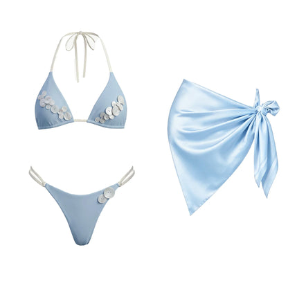 Sexy Button Bikini with Skirt Swimsuit Women Shirring Swimwear High Leg Resort Wear Bathing Suit Beachwear Halter Biquini