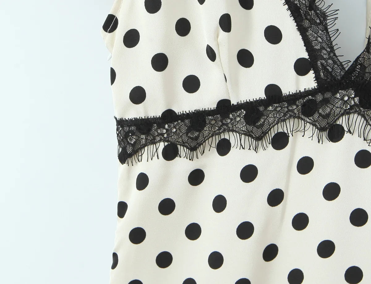 Elegant Girls Short Sleeve V Neck Lace Trim Polka Dot Summer Dress Sexy Backless A-line Midi Holiday Female Vestidos