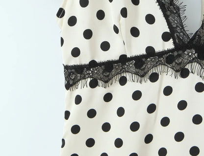 Elegant Girls Short Sleeve V Neck Lace Trim Polka Dot Summer Dress Sexy Backless A-line Midi Holiday Female Vestidos