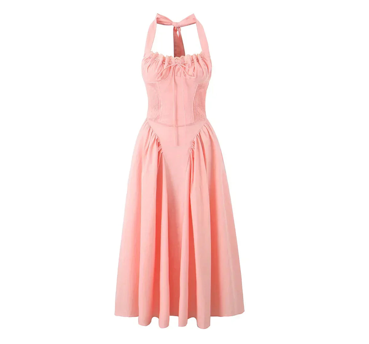 Halter Neck Lace Trim Corset Panel Pleated Fit and Flare Midi Dress