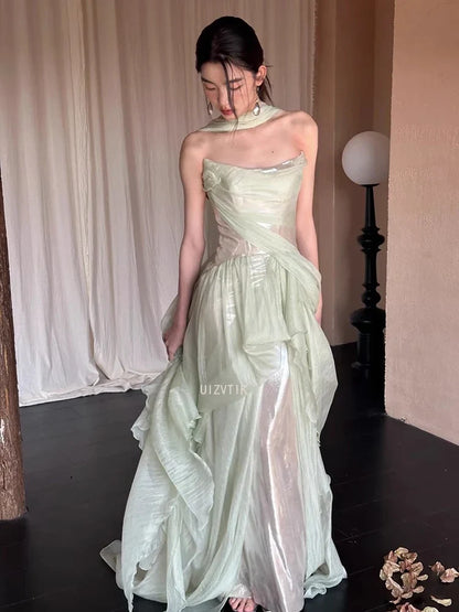 Mint Party Evening Dress Women Strapless Mermaid Pleat Formal Occasion Dress Elegant Shiny Backless Prom Gown Customized