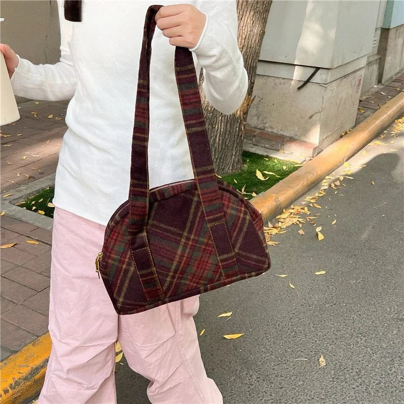 New Vintage Woolen Plaid Tote Bags Casual Handbag Korean All-match Design Fashion Women Shoulder Bag
