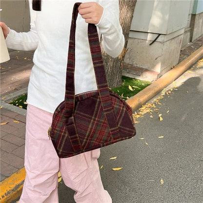 New Vintage Woolen Plaid Tote Bags Casual Handbag Korean All-match Design Fashion Women Shoulder Bag