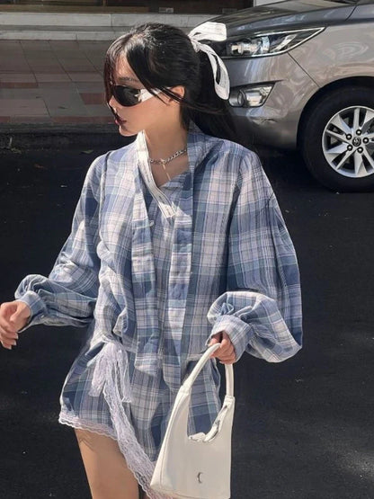Elegant Plaid Dress Women Y2k Lantern Sleeve Low Waist Short Skirt Lace Up Summer Spring Harajuku Oversize Mini Dress
