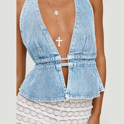 Denim Deep V-neck Backless Halter Lace-up Cami Top