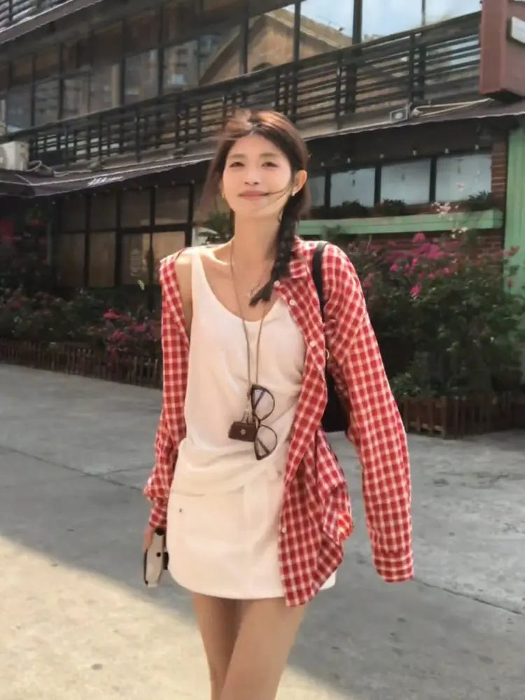 Turn-down Collar Red Plaid Shirt Women's Spring Casual Long-sleeved Loose Sunscreen Shirt Fashion Female Clothes