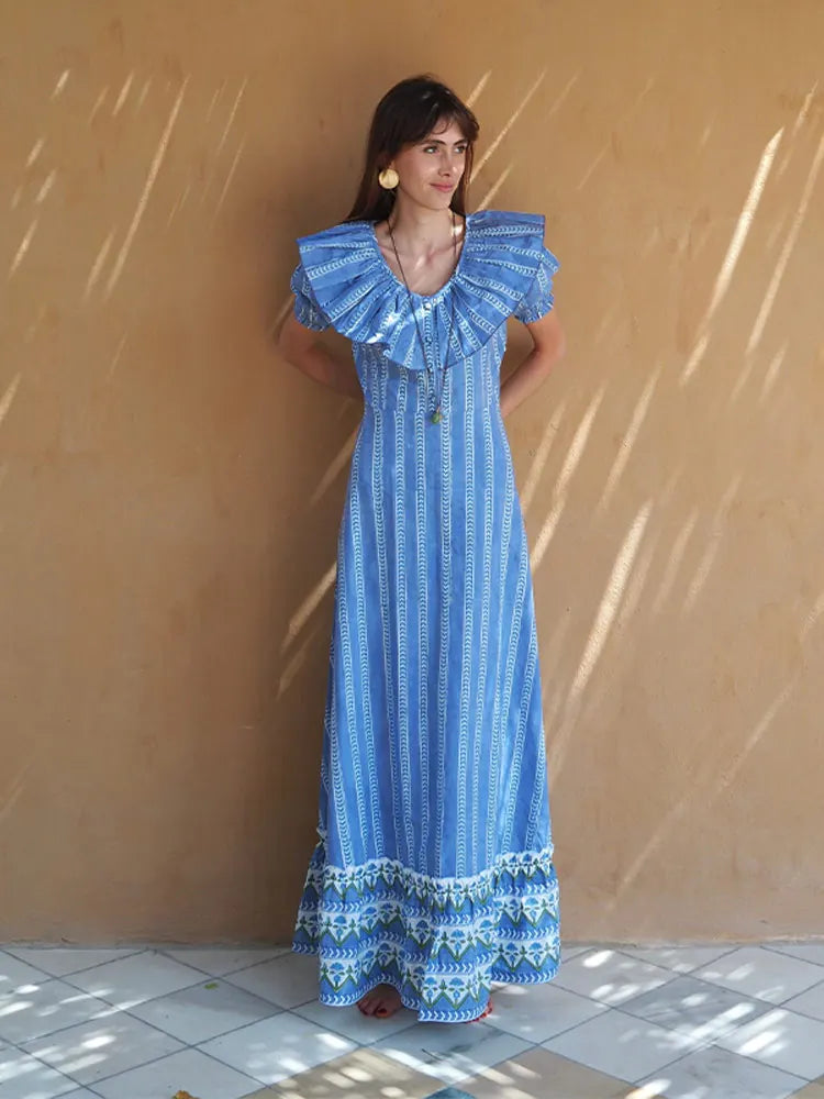 Fashion Stripe Print Ruffled Edge Button Maxi Dress Women V-neck Puff Short Sleeve Big Hem Dresses 2024 Female Party Club Robes