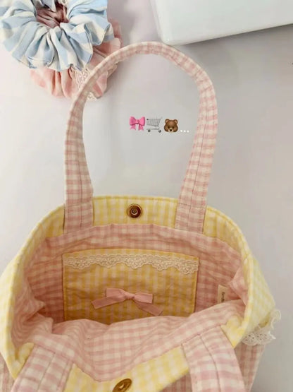 2024 Spring New Small Yellow Grid Colored Lace Sweet Cute Handbag Causal Korean Chic Shoulder Underarm Tote Bags