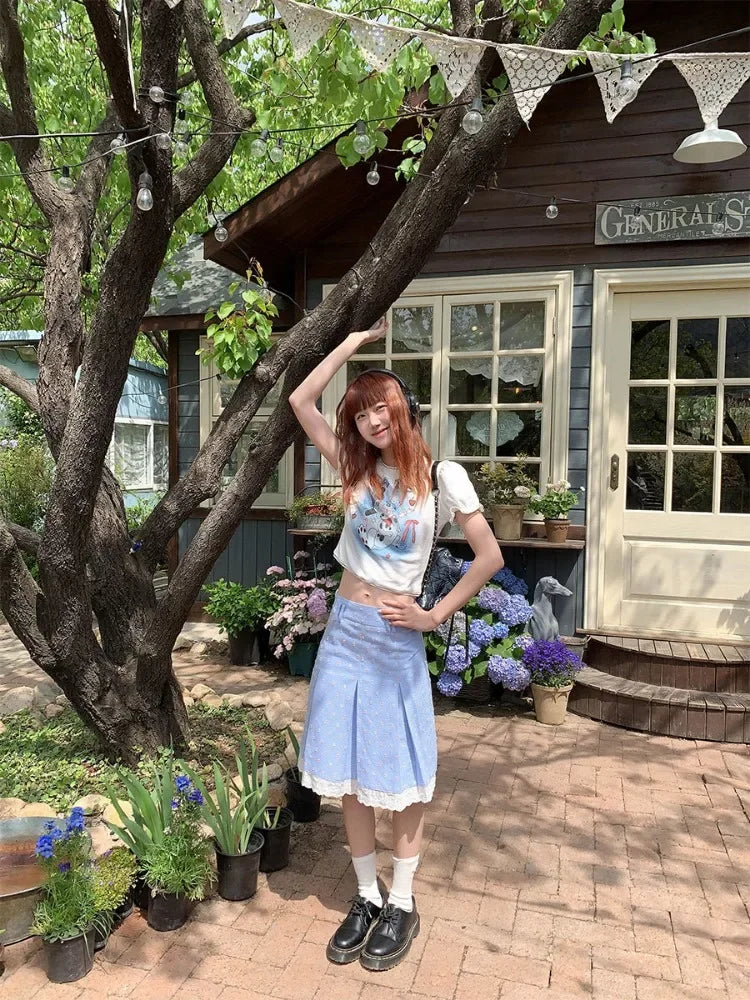 Elegant Skirts Women Floral Printed Plaid Lace Patchwork Spring Summer Sweet Vintage Fashion Female Skirt Casual