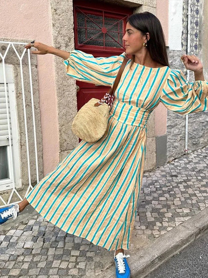 Casual Stripes Long Dresses Women Loose Backless Lace Up Long Lantern Sleeve Dress Female Summer Fashion Streetwear Lady