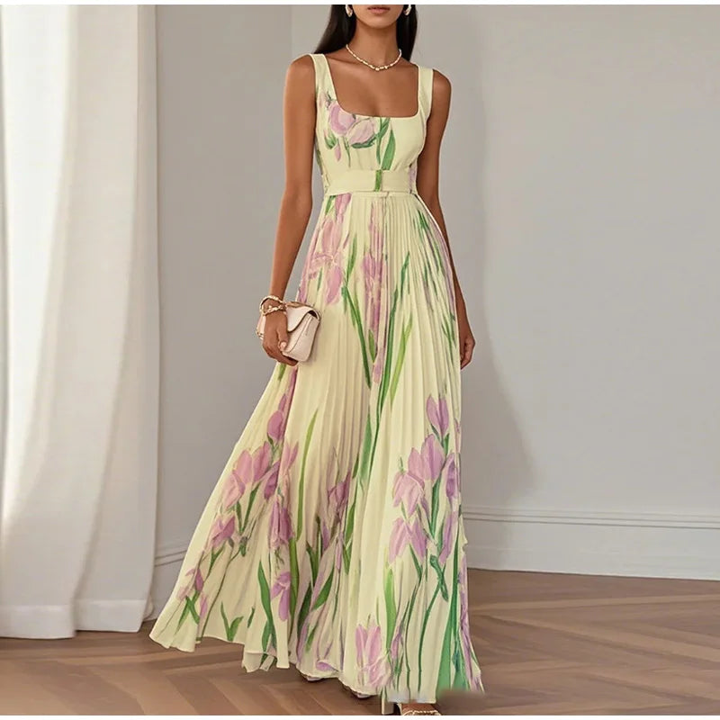 Elegant Print Belt Long Holiday Dress Women Square Collar Sleeveless Backless Pleated Party Dresses 2025 Summer Lady Floral Robe