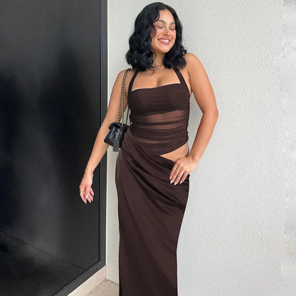 Halter Mesh Ruched Midriff Wrap Panel Bodycon Maxi Gown