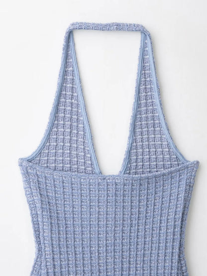Halter Neck Single Breasted Knit Women Dress Sleeveless Tight Blue Summer Short Dress 2025 New Sexy French Woman Clothing