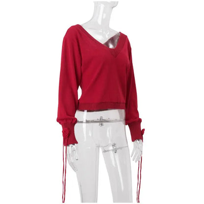 Crochet Flower Tassel Knitted Women's Pullover V-neck Long Sleeve Solid Color Sweater Fashion Casual Loose Retro Women Sweaters
