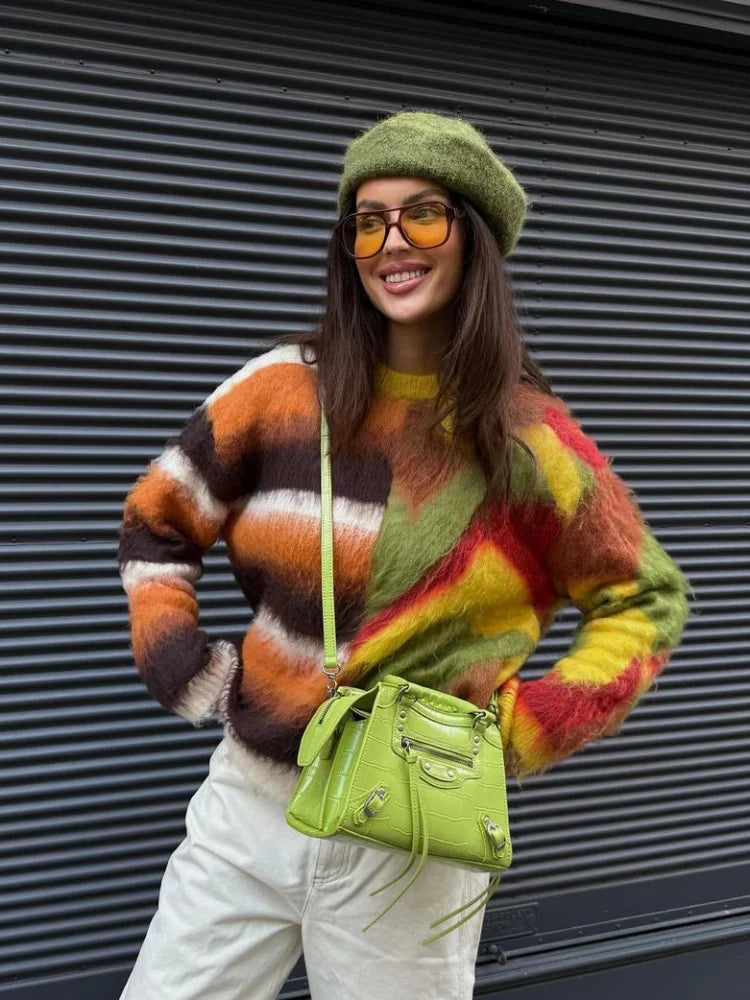 Mohair Contrast Color Knitted Sweater Women Chic Jacquard Loose Striped O-neck Long Sleeve Pullover Soft Furry Autumn Jumper