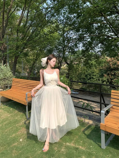 Woman Dress Sleeveless Butterfly Mesh Patchwork Slim Backless Holiday Princess Sweet Elegant Dresses Female Chic