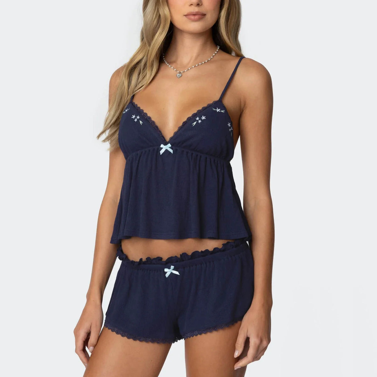 Fashion Casual Loungewear Pajama V Neck Cami A-Line Loose Shorts Lace Trim Set Comfortable Two Piece Outfit