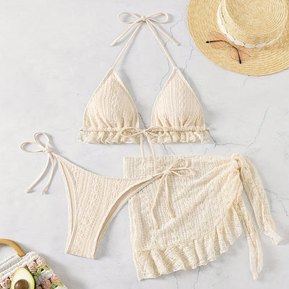 Sexy Beige Mesh Swimsuit Cover Ups String Micro Thong Bikini Women Swimwear 2025 Beach Wear Triangle 3 Piece Bikinis Set Damen