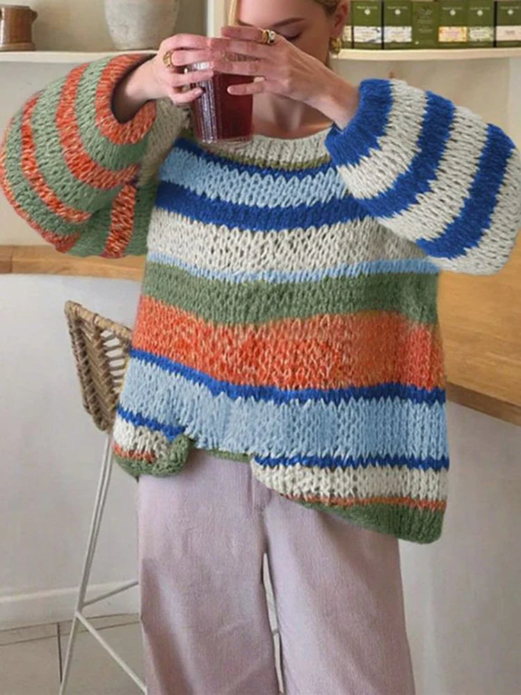 Autumn Winter New Lady Commuting Jumpers Fashion Rainbow Stripe Printed Knitted Pullovers Casual Long Sleeve Hollow Out Sweater