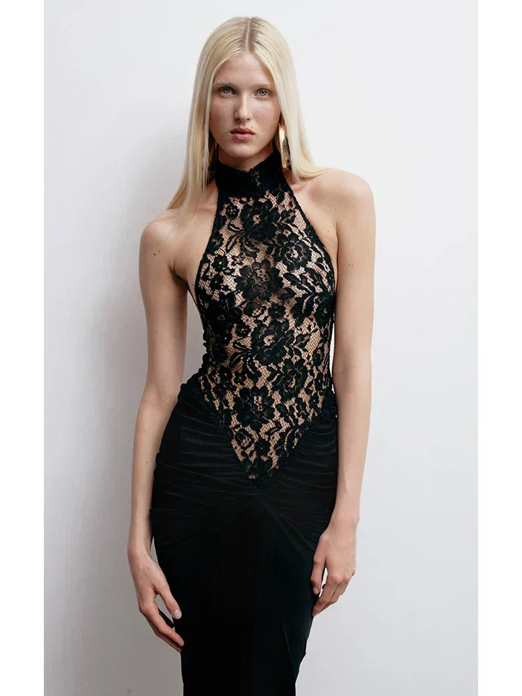 Halter Neck Floral Lace Bodice Column Maxi Dress
