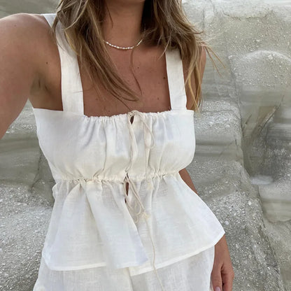 White Ruffle Shorts Sets Square Collar Sleeveless Drawstring Tank Tops+Shorts Summer Casual Simple Suits For Women 2 Piece Set