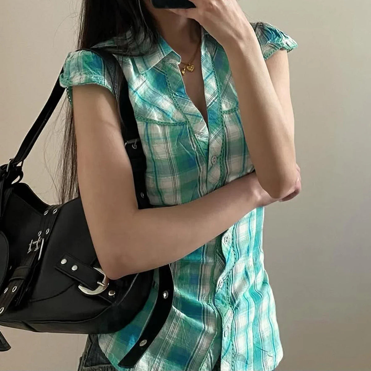 Green Plaid Print Blouse Vintage Turn-down Collar Single-breasted Top French Style Slim-fit Shirts Chic Fashion Clothes
