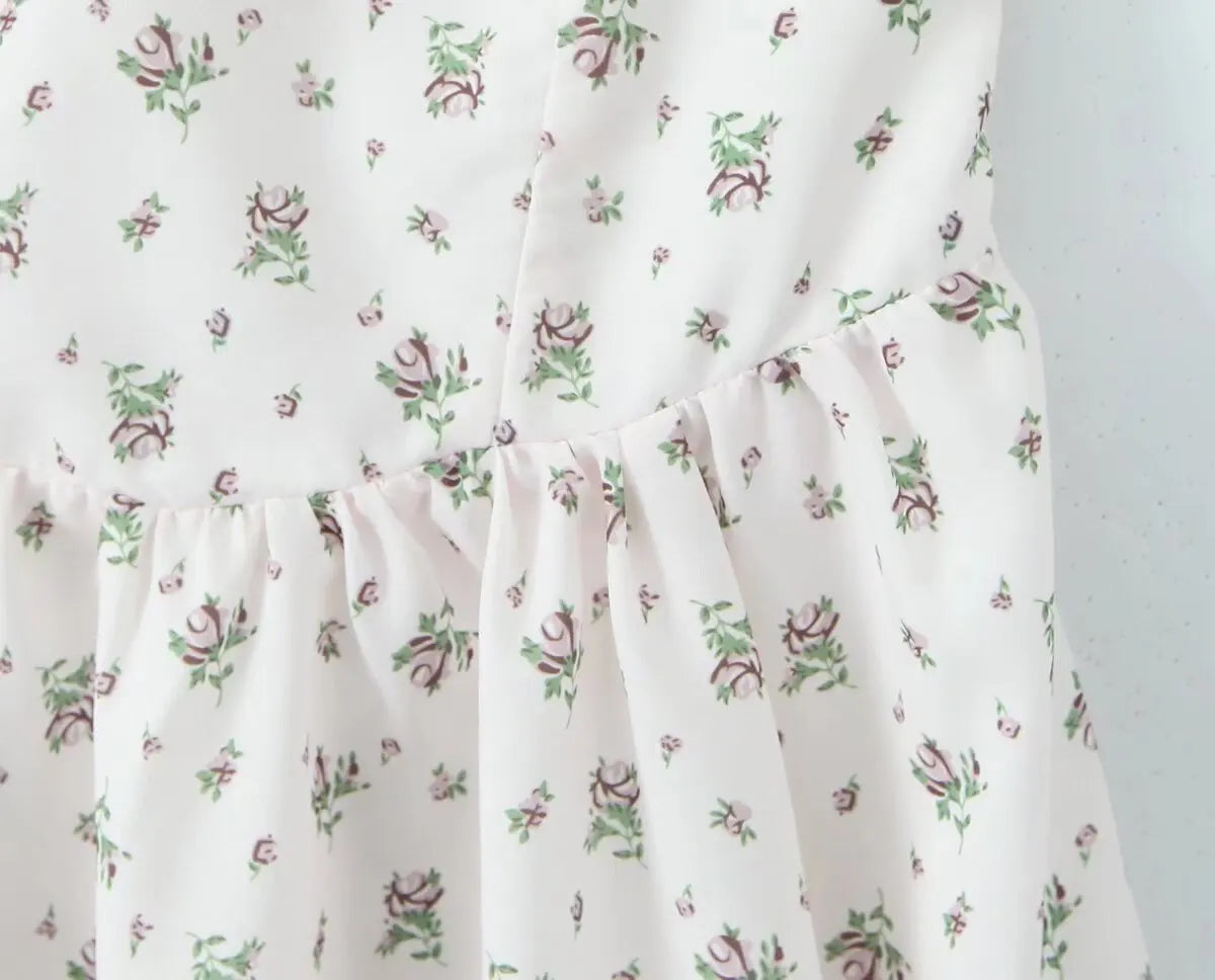Holiday Summer Dresses 2025 Women French Style Floral Print Dress Vintage Short Sleeve V Neck A-line Mini Robe Sundress
