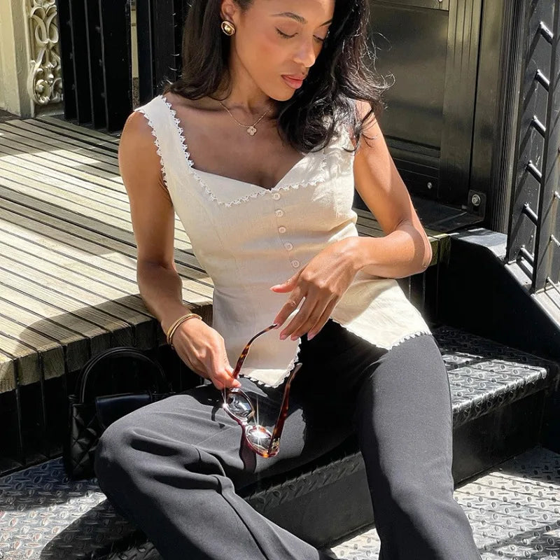 Women's Vintage Sleeveless Camisole Top Summer Slim Solid Crop Tops Party Casual Street Bodycon Button Cardigan Tank Top