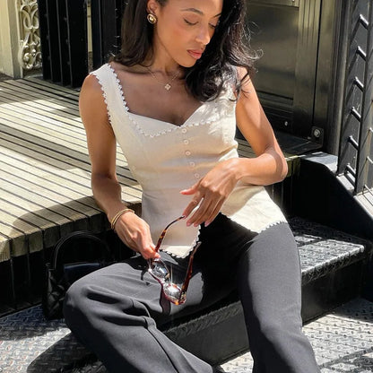 Women's Vintage Sleeveless Camisole Top Summer Slim Solid Crop Tops Party Casual Street Bodycon Button Cardigan Tank Top