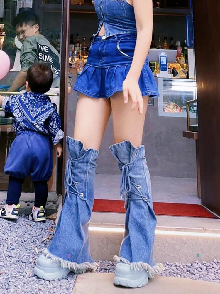Plain Washed Strappy Women Flare Leg Warmers Denim Gradient Boots Cover Frayed Knee Long Socks Casual Vintage Streetwear