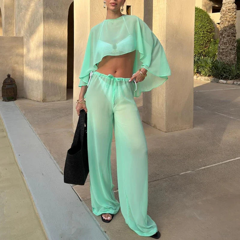 Elegant Solid Perspective Loose Suit Casual Chiffon Shirt Travel Vacation Outfit Fashion Irregular Cape Style Top+Pants 2pc Set