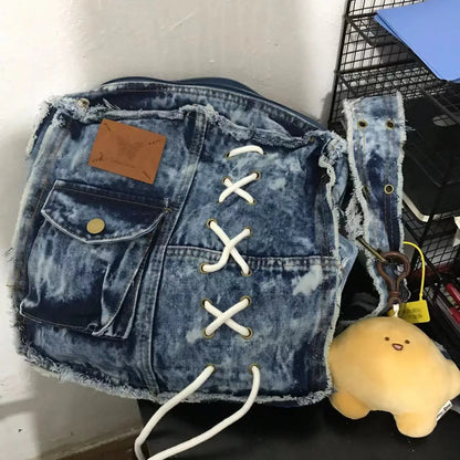 Korean Retro Washed Denim Canvas Bag Niche Cool Versatile Single Shoulder Crossbody Bags for Women and Men