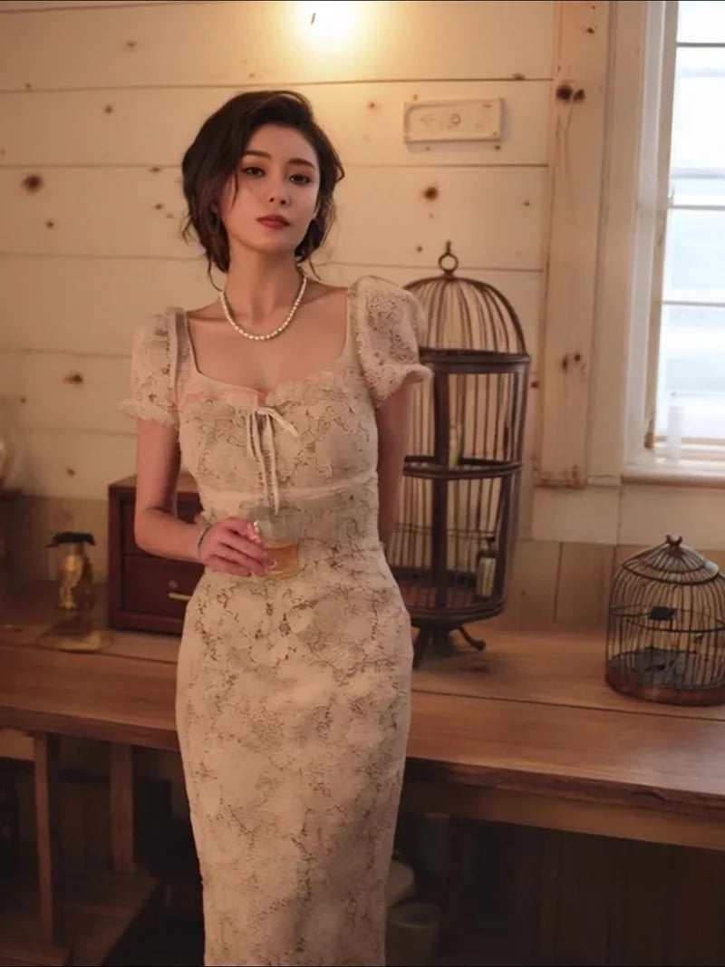 Vintage Midi Dress Women Elegant Party Prom Lace Square Collar Dresses Summer Korean Puff Short Sleeve Bodycon Design Vestidos