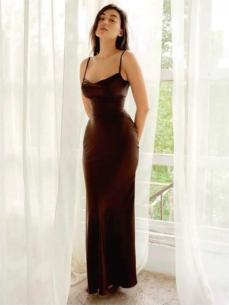 Satin Ruched Strap Maxi Elegant Silk Dress