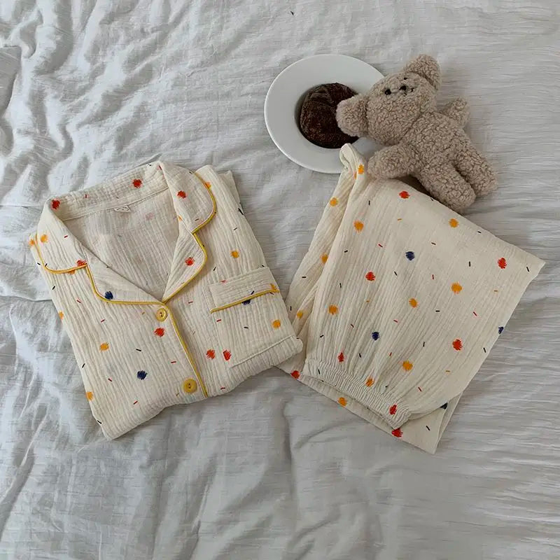 Cotton Comfort Sleepwear Casual Women Pajamas Spring Summer Cherry Print Cute Lapel Button Shirts And Pant Two Piece Sets