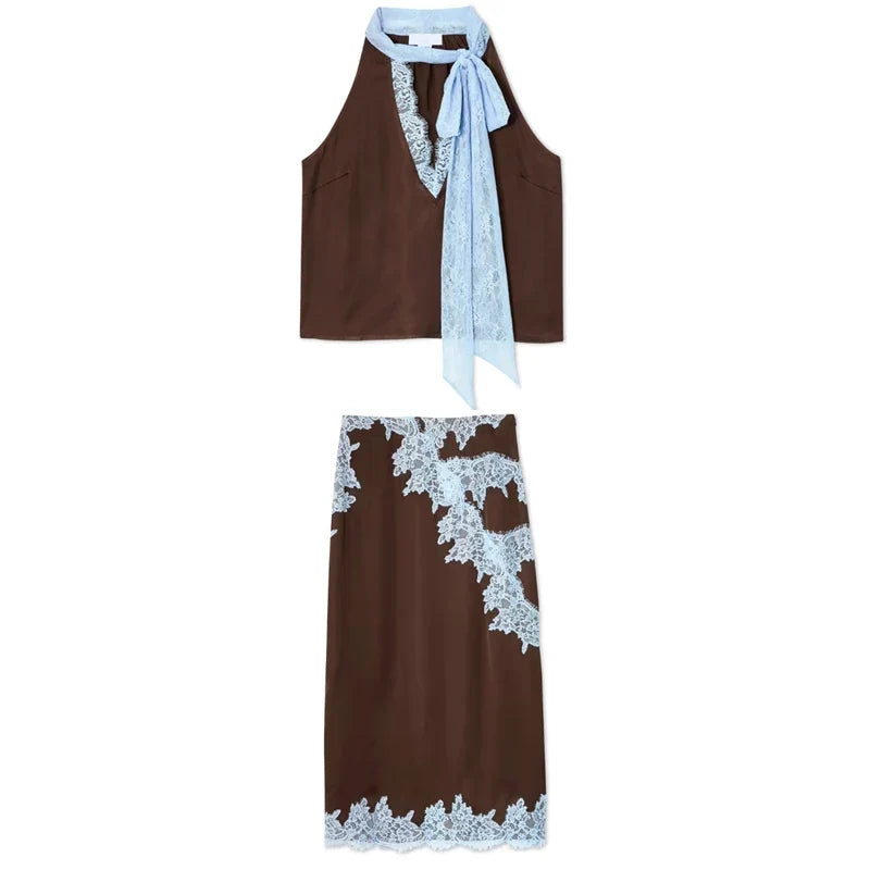 Women's Sleeveless Satin Dress Sets 2026 New Lace Up Patchwork Crop Tops Party Ruffle Lace Elegant Skirt 2 Piece Suits