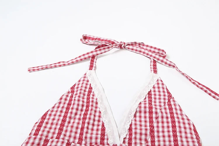 Sweet Striped Print 2-Piece Set Women Bandage Halter v-Neck Patchwork Lace Backless Vests+Folds Puffy Hem Shorts Suits