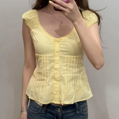 Women Y2k Coquette Shirts Short Sleeve U Neck Button Ruffle Lace Patchwork Fairy Grunge Going Out Tops Tees