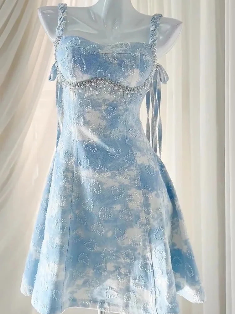 Lolita Sweet Girl Dress Sky Blue Beach Vacation Cute Loli Fairy Strap Dress Pearl Style Dress