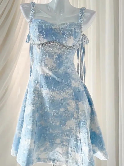 Lolita Sweet Girl Dress Sky Blue Beach Vacation Cute Loli Fairy Strap Dress Pearl Style Dress