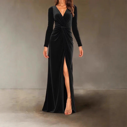 Velvet Dress for Women Autumn Winter New V-neck Slim Twist High Waist Evening Dress Sexy Solid Color Pleated A-line Dresses