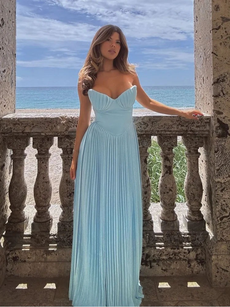 Pleated Scoop Neck Spaghetti Strap Maxi Dress