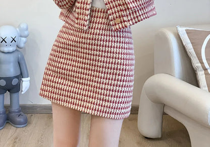Spring New Ladies Retro Plaid Single Breasted Suit Jacket Sexy High Waist Bag Hip Short Skirt Fashion Casual Women's Suit