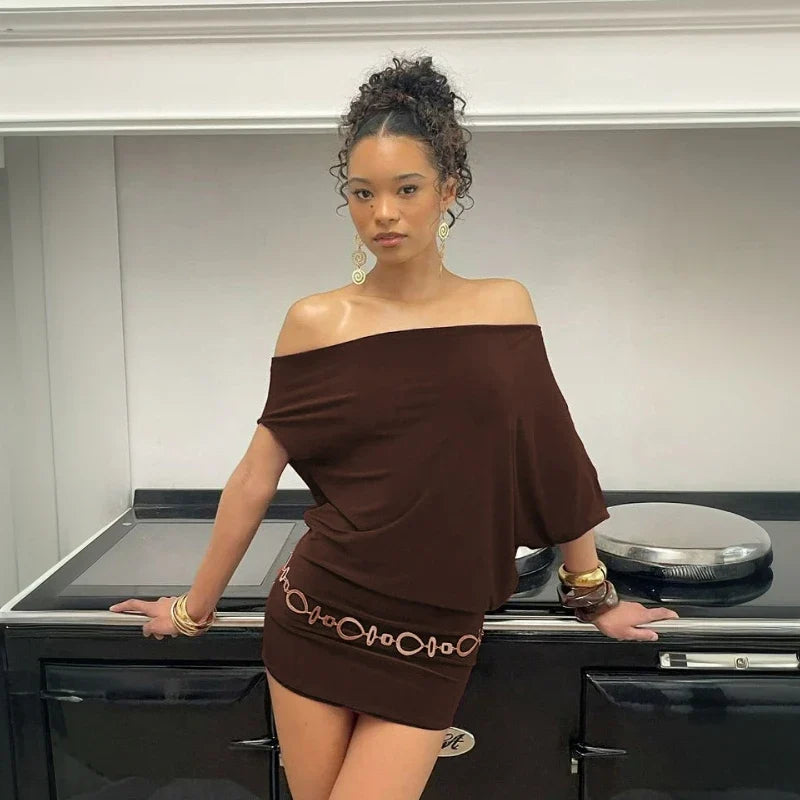 Fashion Mature Elegant Summer Off-the-shoulder Bat-shaped Sleeve Solid Color Loose Slimming Irregular Short Dress for Women