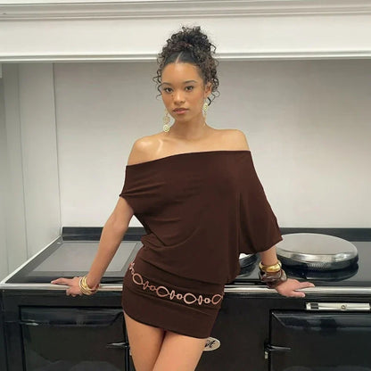 Fashion Mature Elegant Summer Off-the-shoulder Bat-shaped Sleeve Solid Color Loose Slimming Irregular Short Dress for Women